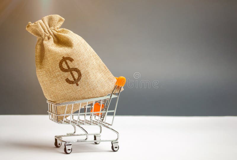 Money bag in supermarket trolley and dollar sign. Money Management. Money market. Sale, discounts and low prices. Gift certificate for purchase. Contribution and investment. Cashback. Credit and loan. Money bag in supermarket trolley and dollar sign. Money Management. Money market. Sale, discounts and low prices. Gift certificate for purchase. Contribution and investment. Cashback. Credit and loan