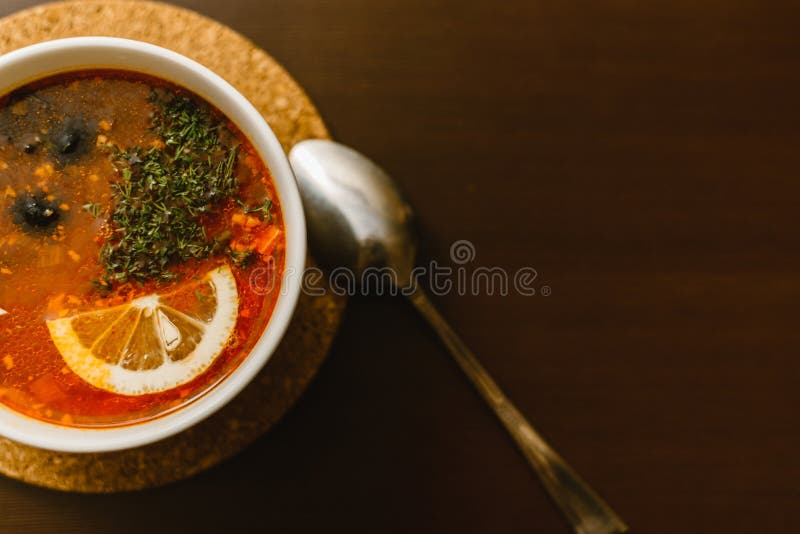 borscht, solyanka avec le citron images stock borscht, solyanka avec le citron images stock