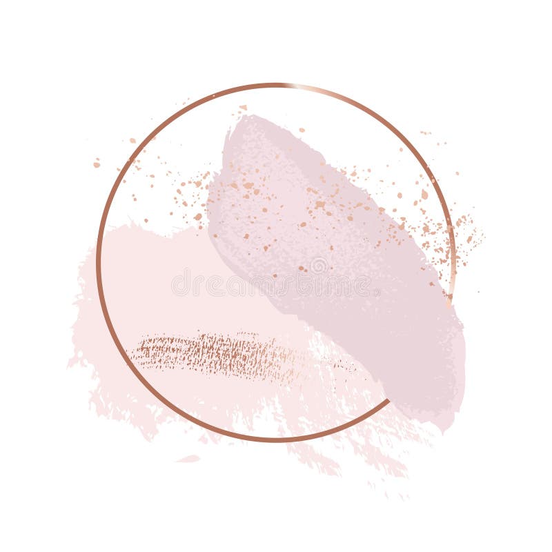 Borsta slaglängder i försiktiga delikata rosa signaler och steg den guld- cirkelramen Abstrakt bakgrund för vektorfoliegnistra stock illustrationer