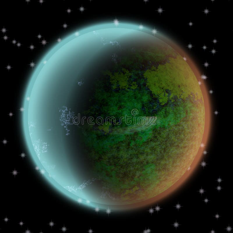 Borttappad planet i det avlägsna hörnet av universum En planet med shinning atmosfär som någonstans döljas stock illustrationer Borttappad planet i det avlägsna hörnet av universum En planet med shinning atmosfär som någonstans döljas stock illustrationer