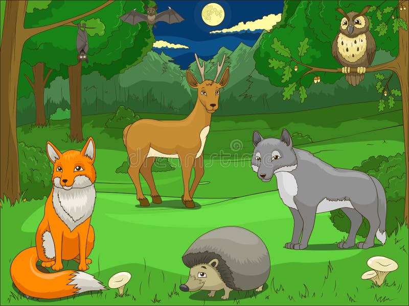 Bos met het onderwijsspel van beeldverhaaldieren vector illustratie Bos met het onderwijsspel van beeldverhaaldieren vector illustratie