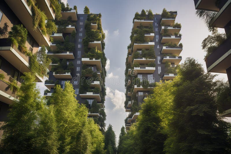 Bosco Verticale( Vertical Forest) in Milan City, Italy. Generative AI