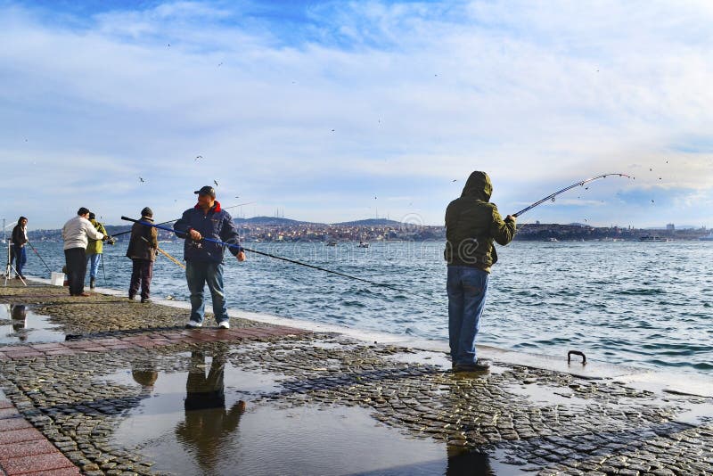 Bosphorus d'Istanbul, canne à pêche avec la chasse de poissons photos stock Bosphorus d'Istanbul, canne à pêche avec la chasse de poissons photos stock
