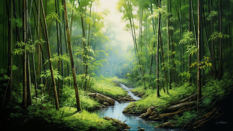 Bosque de bambú de australia : un cuadro paisajístico luminoso stock de ilustración
