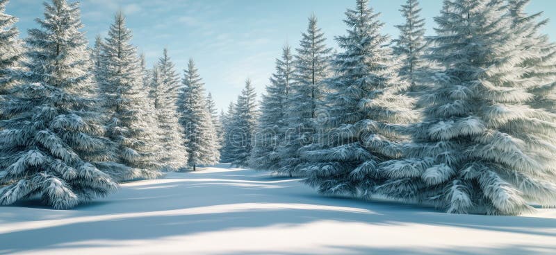 Bosque de invierno cubierto de nieve con altos árboles evergreen y sendero sereno foto de archivo