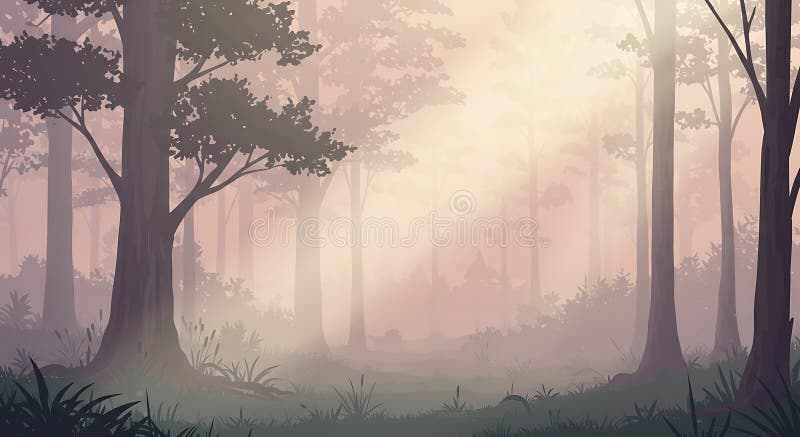 Bosque de poca monta con árboles altos y una espesa cúpula que crea una tranquilidad libre illustration