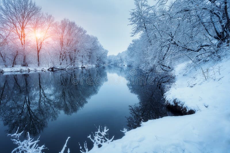 Winter forest on the river at sunset. Colorful landscape with snowy trees, frozen river with reflection in water. Seasonal. Snow covered trees, lake, sun and blue sky. Beautiful forest in snowy winter. Winter forest on the river at sunset. Colorful landscape with snowy trees, frozen river with reflection in water. Seasonal. Snow covered trees, lake, sun and blue sky. Beautiful forest in snowy winter