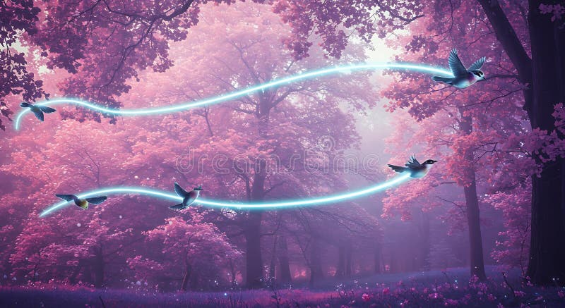 Bosque místico con una paleta de color púrpura y magenta. Árboles altos con denso libre illustration