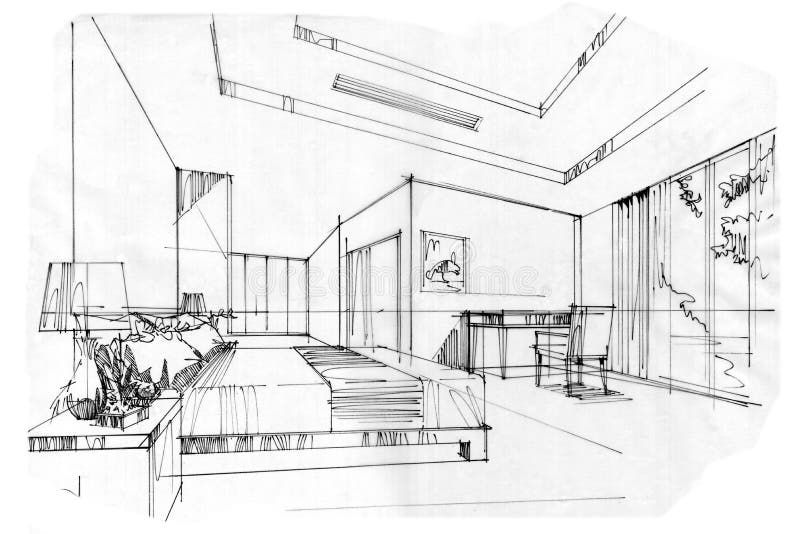 Bosqueje el sitio interior de la cama de la perspectiva, diseño interior blanco y negro ilustración del vector Bosqueje el sitio interior de la cama de la perspectiva, diseño interior blanco y negro ilustración del vector