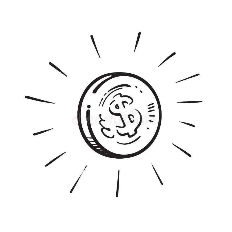 Bosquejo de la moneda brillante con la muestra de dólar cercada por la explosión de rayos ligeros Ejemplo exhausto del vector de stock de ilustración Bosquejo de la moneda brillante con la muestra de dólar cercada por la explosión de rayos ligeros Ejemplo exhausto del vector de stock de ilustración