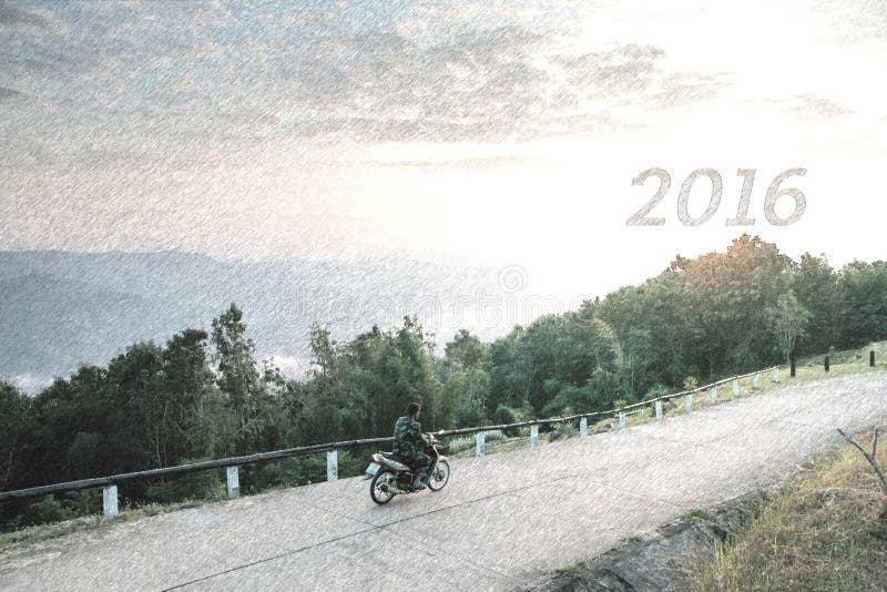 Bosquejo de la motocicleta del paseo del hombre en la montaña y buscar 2016 Años Nuevos imágenes de archivo libres de regalías Bosquejo de la motocicleta del paseo del hombre en la montaña y buscar 2016 Años Nuevos imágenes de archivo libres de regalías