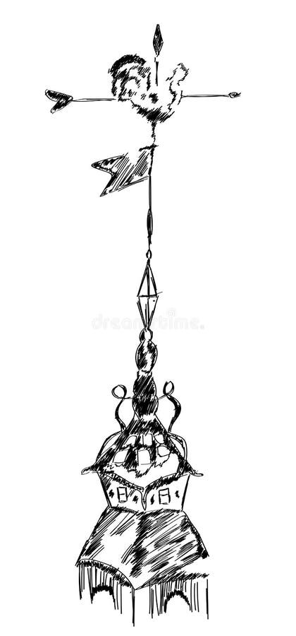 Bosquejo de la paleta de tiempo vieja del metal del pollo, de la paleta de viento, o de la veleta en el tejado superior, ejemplo libre illustration