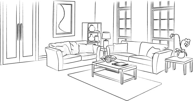 Bosquejo De La Sala De Estar Y Ejemplo Del Vector Del Esquema Stock de