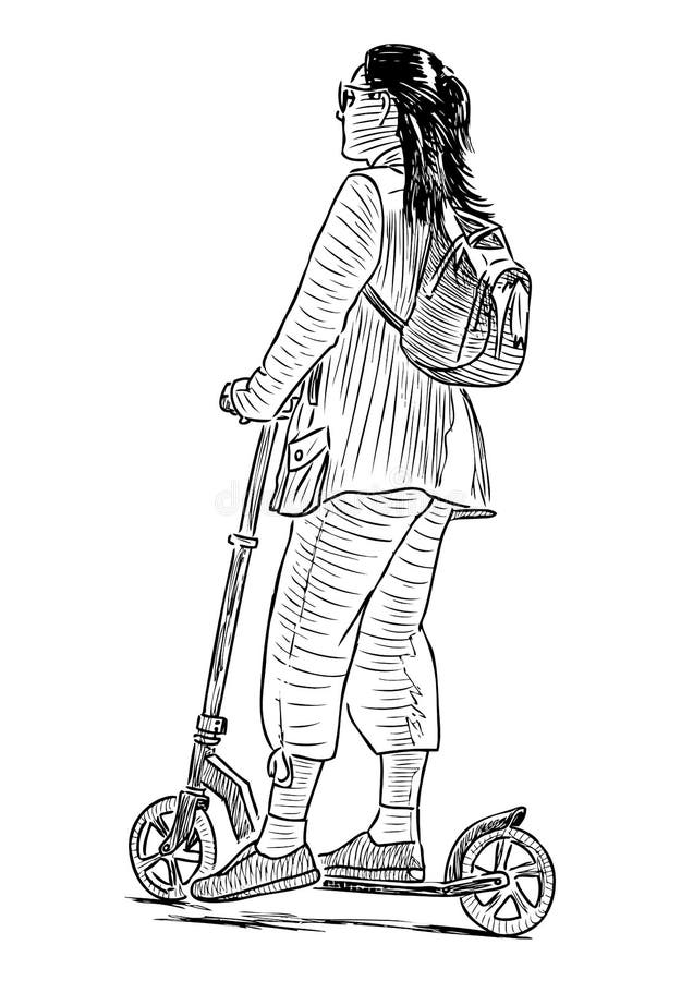Bosquejo de una muchacha adolescente que da un paseo con su vespa stock de ilustración Bosquejo de una muchacha adolescente que da un paseo con su vespa stock de ilustración