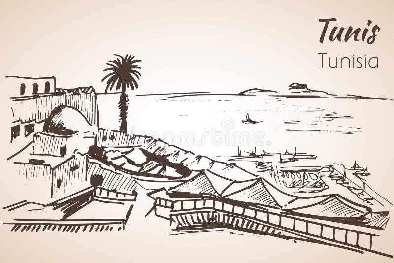 Bosquejo del centro turístico de la costa costa de Túnez stock de ilustración Bosquejo del centro turístico de la costa costa de Túnez stock de ilustración