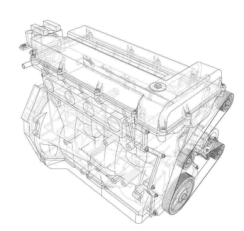 Bosquejo del motor Representación del vector de 3d estilo del Alambre-marco Las capas de líneas visibles e invisibles se separan