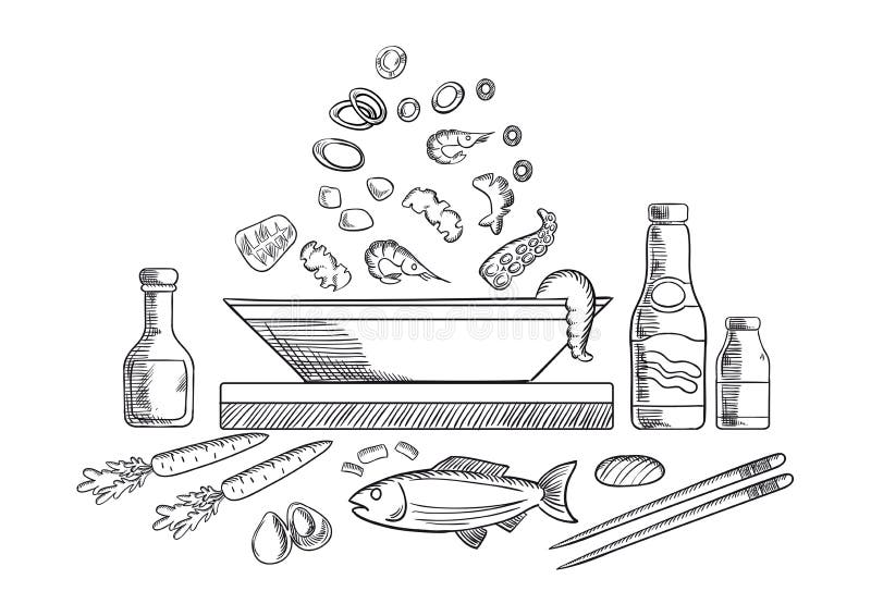 Bosquejo del plato de los mariscos con los pescados y las verduras ilustración del vector Bosquejo del plato de los mariscos con los pescados y las verduras ilustración del vector