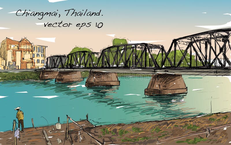 Bosquejo del puente del hierro de la demostración del paisaje urbano en Chiangmai Tailandia libre illustration Bosquejo del puente del hierro de la demostración del paisaje urbano en Chiangmai Tailandia libre illustration