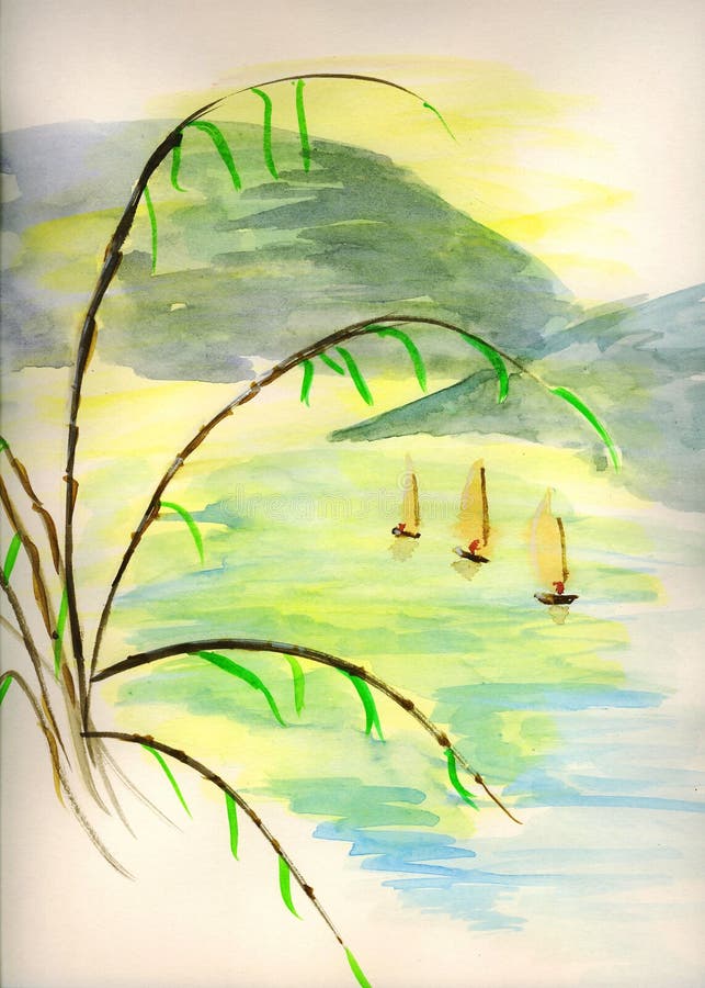 Bosquejo del Watercolour de los barcos de pesca orientales fotografía de archivo Bosquejo del Watercolour de los barcos de pesca orientales fotografía de archivo