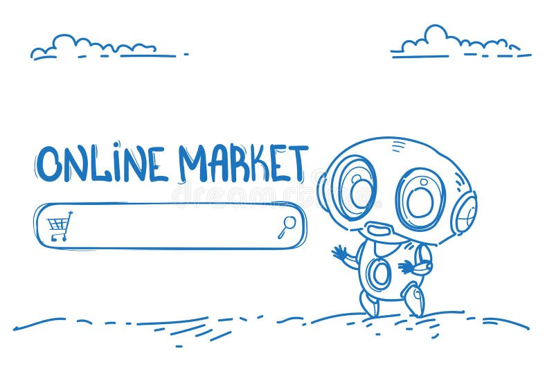 Bosquejo horizontal en línea de la inteligencia artificial del concepto del comercio de las e-compras del ayudante del bot del si libre illustration Bosquejo horizontal en línea de la inteligencia artificial del concepto del comercio de las e-compras del ayudante del bot del si libre illustration