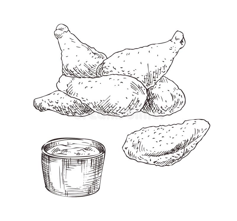 Bosquejo monocromático de pollo de la mano del vector exhausto de las alas ilustración del vector Bosquejo monocromático de pollo de la mano del vector exhausto de las alas ilustración del vector