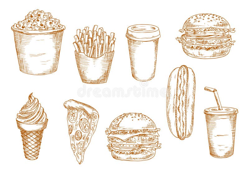 Bosquejos de los alimentos de preparación rápida y de los postres libre illustration Bosquejos de los alimentos de preparación rápida y de los postres libre illustration