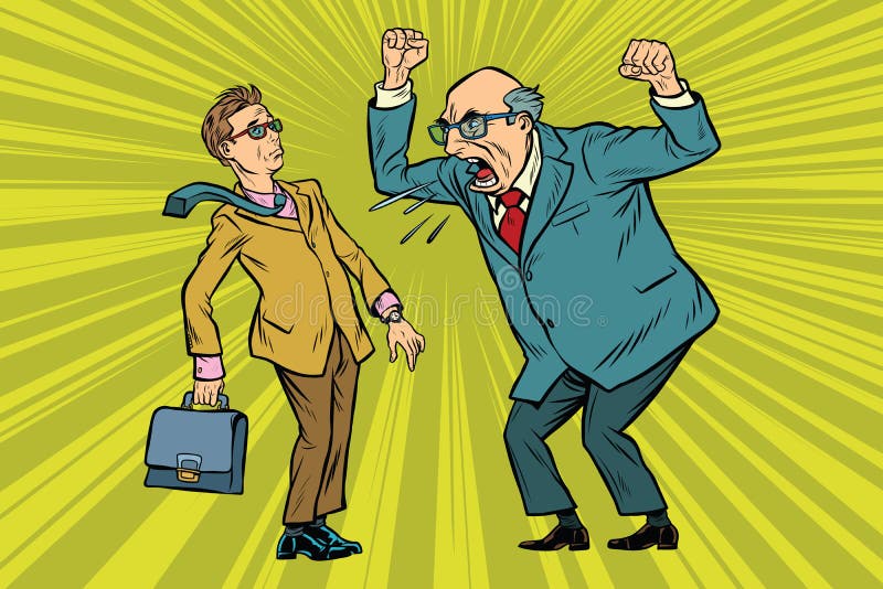 Boss scolds businessman. Conflicts at work. Pop art retro vector illustration