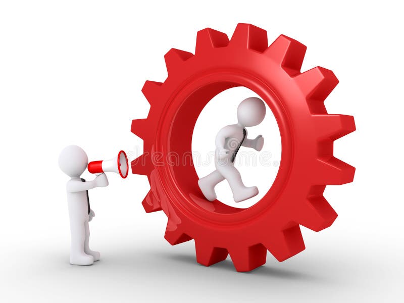 Boss shouting to employee inside of a cogwheel