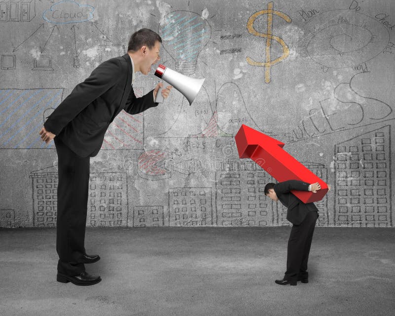 Boss using megaphone yelling at employee carrying red arrow sign royalty free stock photo Boss using megaphone yelling at employee carrying red arrow sign royalty free stock photo