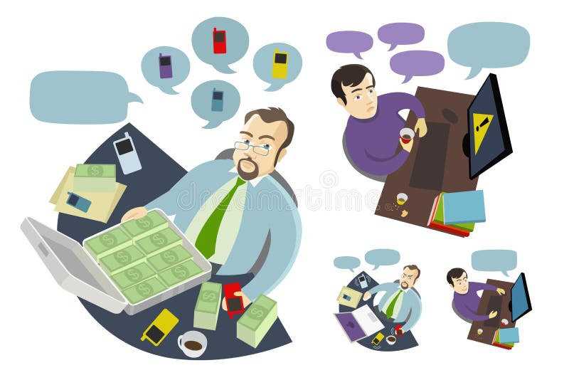 Boss y empleado que trabajan en el escritorio de la tabla ilustración del vector Boss y empleado que trabajan en el escritorio de la tabla ilustración del vector