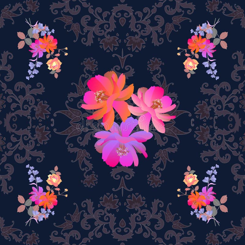 Bossen van tuinbloemen op donkere kantachtergrond Naadloos sierpatroon witn Paisley Indische, Perzische, Turkse motieven royalty-vrije illustratie Bossen van tuinbloemen op donkere kantachtergrond Naadloos sierpatroon witn Paisley Indische, Perzische, Turkse motieven royalty-vrije illustratie