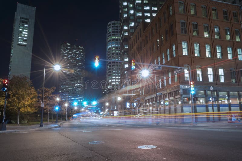 Boston city streets at night royalty free stock images