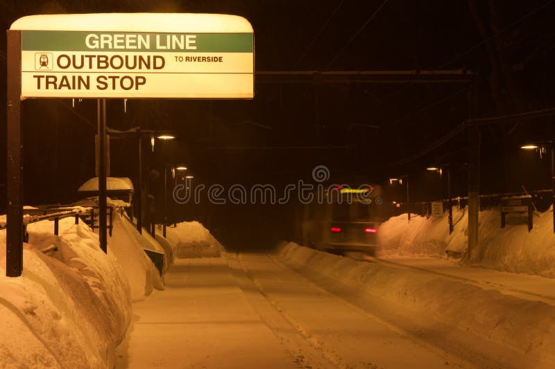 Boston Green Line Train Station in the Snow at Night (Brookline, Massachusetts, USA / February 10, 2015) royalty free stock image Boston Green Line Train Station in the Snow at Night (Brookline, Massachusetts, USA / February 10, 2015) royalty free stock image