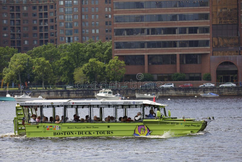 BOSTON, MA, USA - JULY 1, 2017: Image of a duck tour in Boston on the Charles River. BOSTON, MA, USA - JULY 1, 2017: Image of a duck tour in Boston on the Charles River