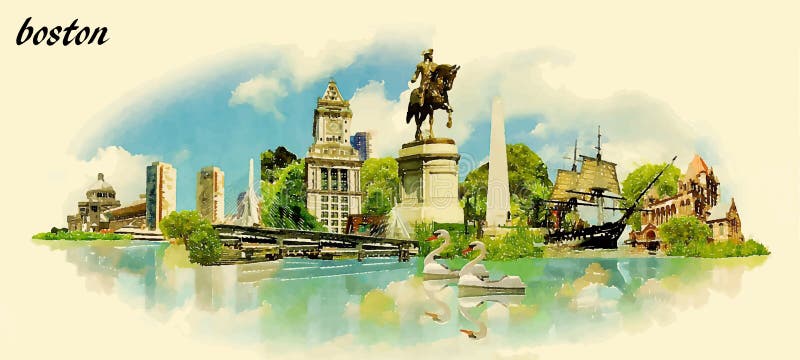 BOSTON wody miejskiej colour wektorowa panoramiczna ilustracja ilustracja wektor BOSTON wody miejskiej colour wektorowa panoramiczna ilustracja ilustracja wektor