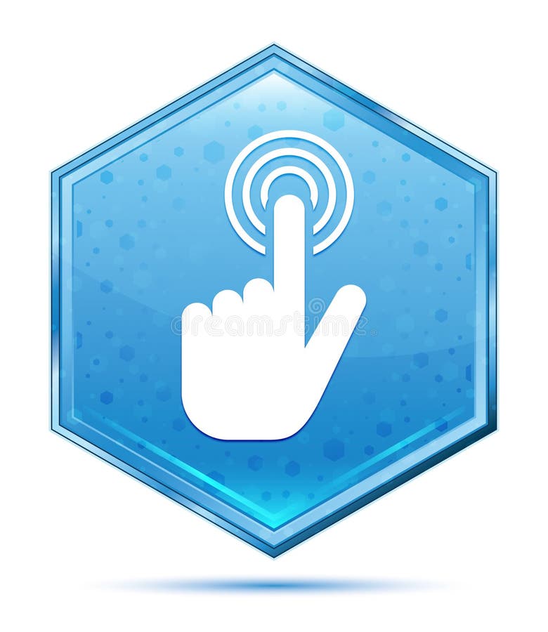 Bot?o azul de cristal do hex?gono do ?cone do clique do cursor da m?o ilustração stock Bot?o azul de cristal do hex?gono do ?cone do clique do cursor da m?o ilustração stock