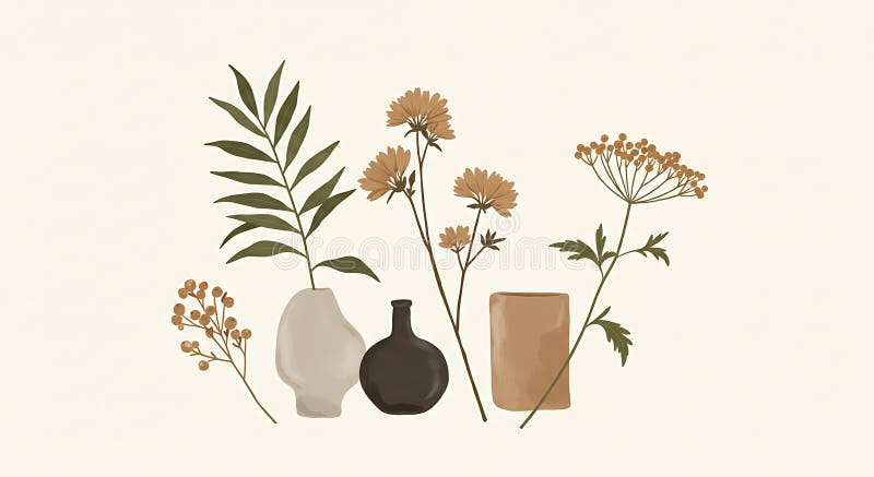 Botanical illustration featuring three vases and various plants. The vases, made stock illustration
