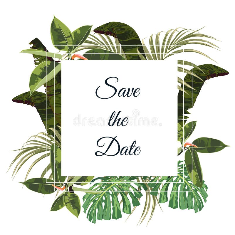 Botanical Invitation Card Template Design, Green Palm Leaves On White