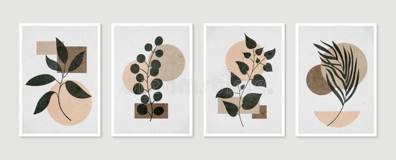 Botanical wall art vector set. Minimal and natural wall art. Boho foliage line art drawing with abstract shape. Abstract royalty free illustration