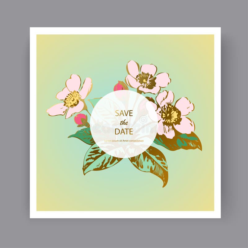 Botanical wedding invitation card template design, hand drawn sakura flowers and leaves on branches, vintage rural cherry blossom stock illustration Botanical wedding invitation card template design, hand drawn sakura flowers and leaves on branches, vintage rural cherry blossom stock illustration