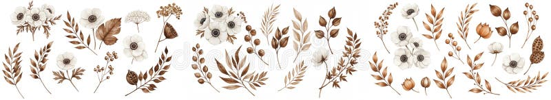 Botanische Darstellung in Aquarellfarben mit zarten weißen Anemonen und braunen Blattelementen, die an eine friedliche und natürli vektor abbildung