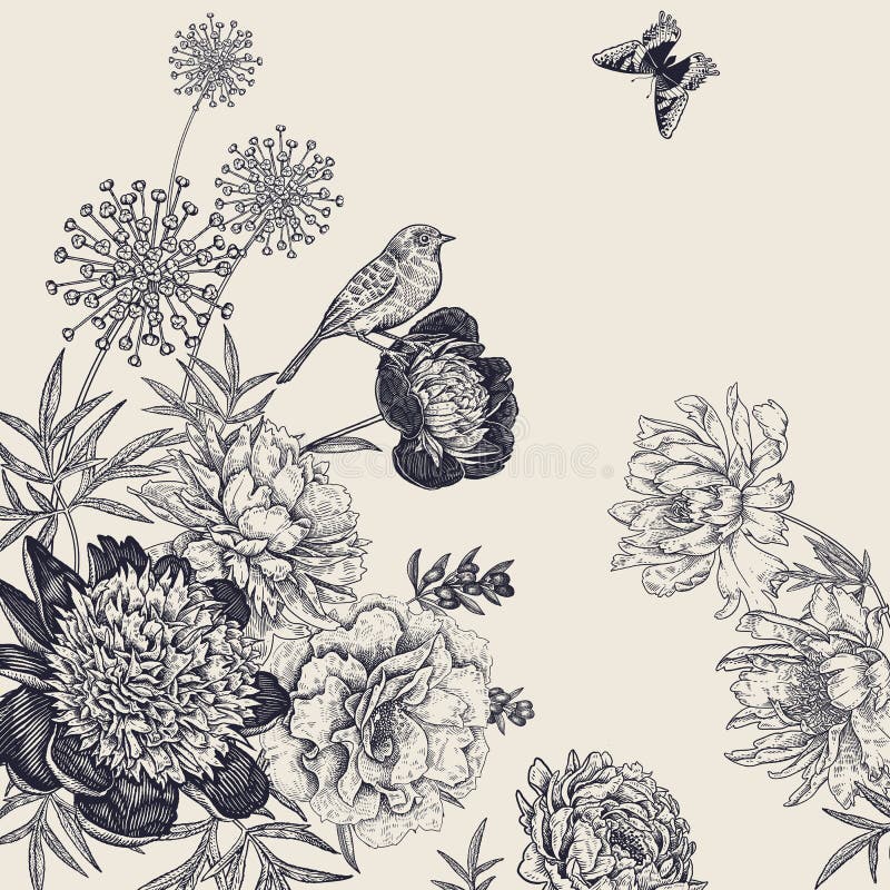 Botanische Dekoration der Weinlese Blumen, Schmetterlinge und V?gel lizenzfreie abbildung Botanische Dekoration der Weinlese Blumen, Schmetterlinge und V?gel lizenzfreie abbildung