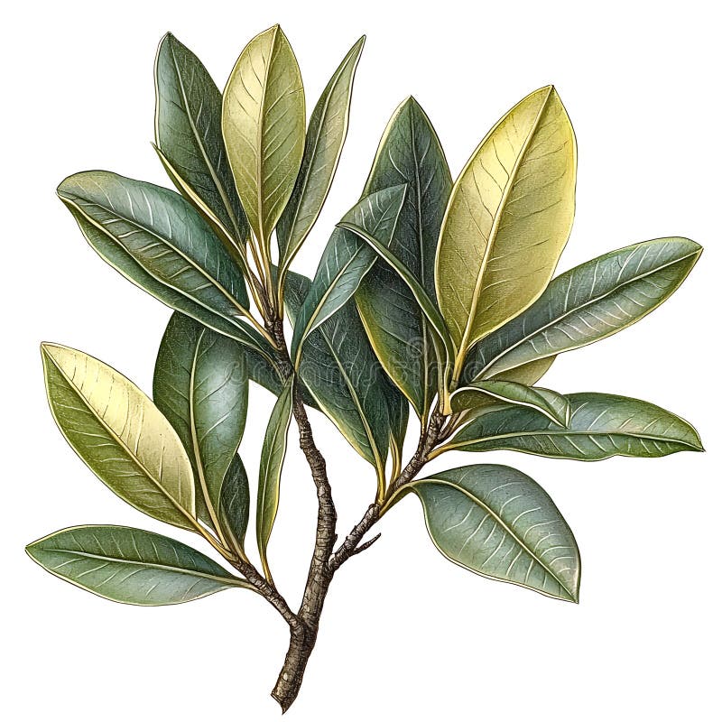 Botanische Illustration eines grünen Zweiges mit elliptischen Blättern isoliert auf weißem Hintergrund. Diese detaillierte botanische Abbildung zeigt einen lebendigen Zweig mit mehreren elliptischen Blättern. Die Blätter zeigen einen Farbverlauf grüner Farbtöne, einige mit gelblicher Farbtöne, die Tiefe und visuelles Interesse erhöhen. Perfekt für Design-Projekte, die eine natürliche Schönheit erfordern