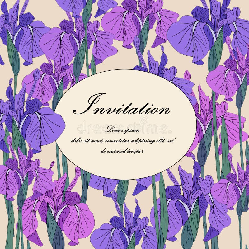 Botanische mit Blumenblume der Vektor-Iris Heiratsdekorative mit Blumengrenze der hintergrundkarte lizenzfreie abbildung Botanische mit Blumenblume der Vektor-Iris Heiratsdekorative mit Blumengrenze der hintergrundkarte lizenzfreie abbildung