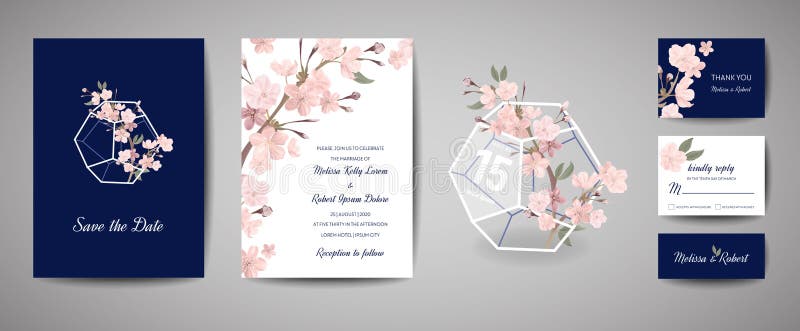 Botanische Retro- Hochzeitseinladungskarte, Weinlese Abwehr das Datum, Schablonendesign von Kirschblüte-Blumen und Blätter, Kirsc