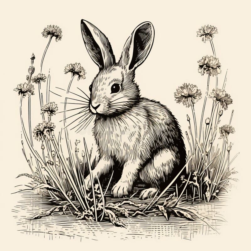 Botanisk vintage-illustration av en kanin som sitter i dandelioner vektor illustrationer