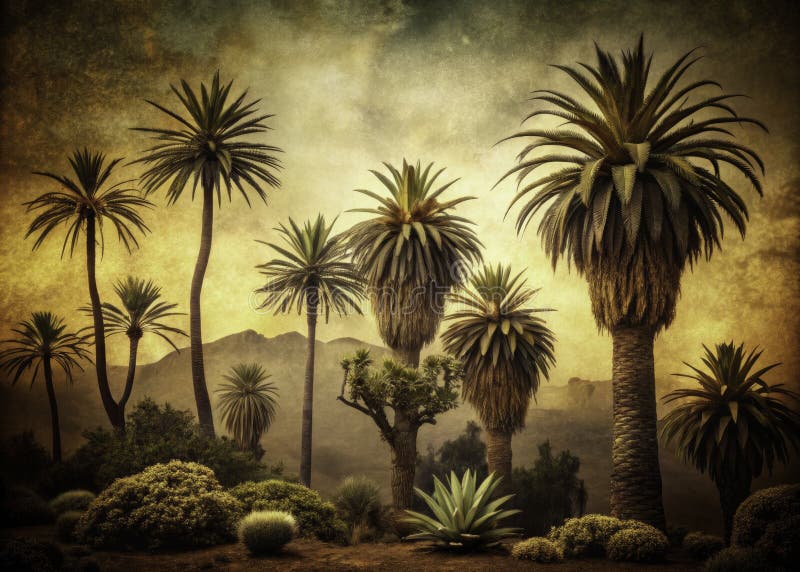 Botanisk vintage-illustration: en mörkt anchanting-samling av aloe vera och palmträd silhouettes vektor illustrationer