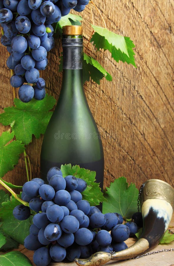 Botella, cuerno de beber y racimo de uvas imagen de archivo