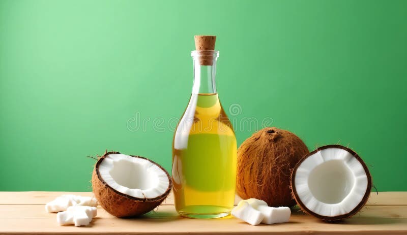 Botella de aceite de coco con cocos frescos en la superficie de madera. ilustración del vector