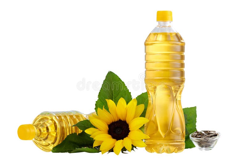 Botella de aceite de girasol en la tabla foto de archivo
